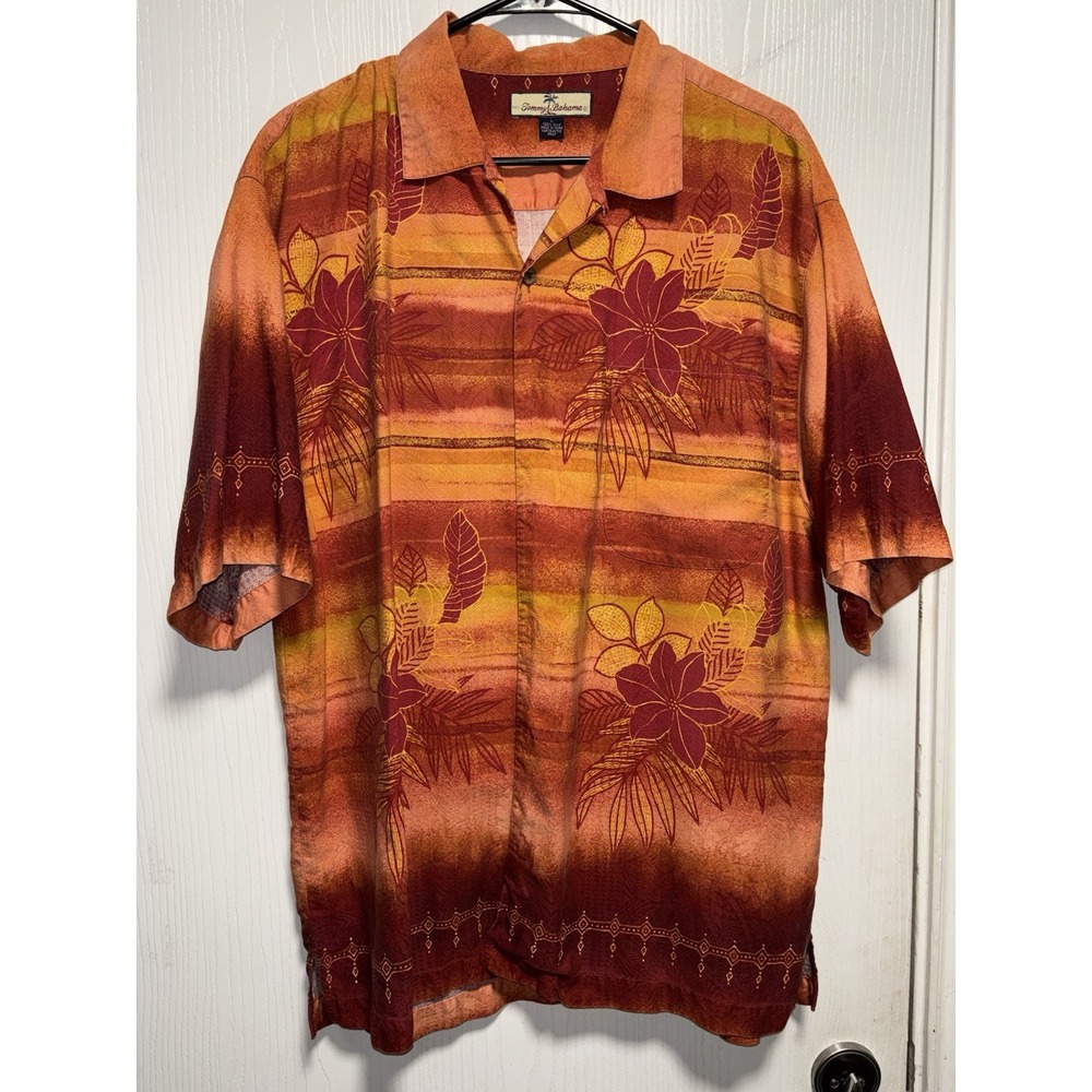 Tommy Bahama Shirt Mens Large Orange‎ Silk Hawaiian Floral Aloha Button Front